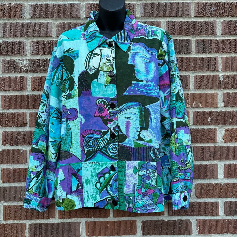 Vintage Abstract Faces All over Print Button Up Long Sleeve Shirt Artscape Sz L